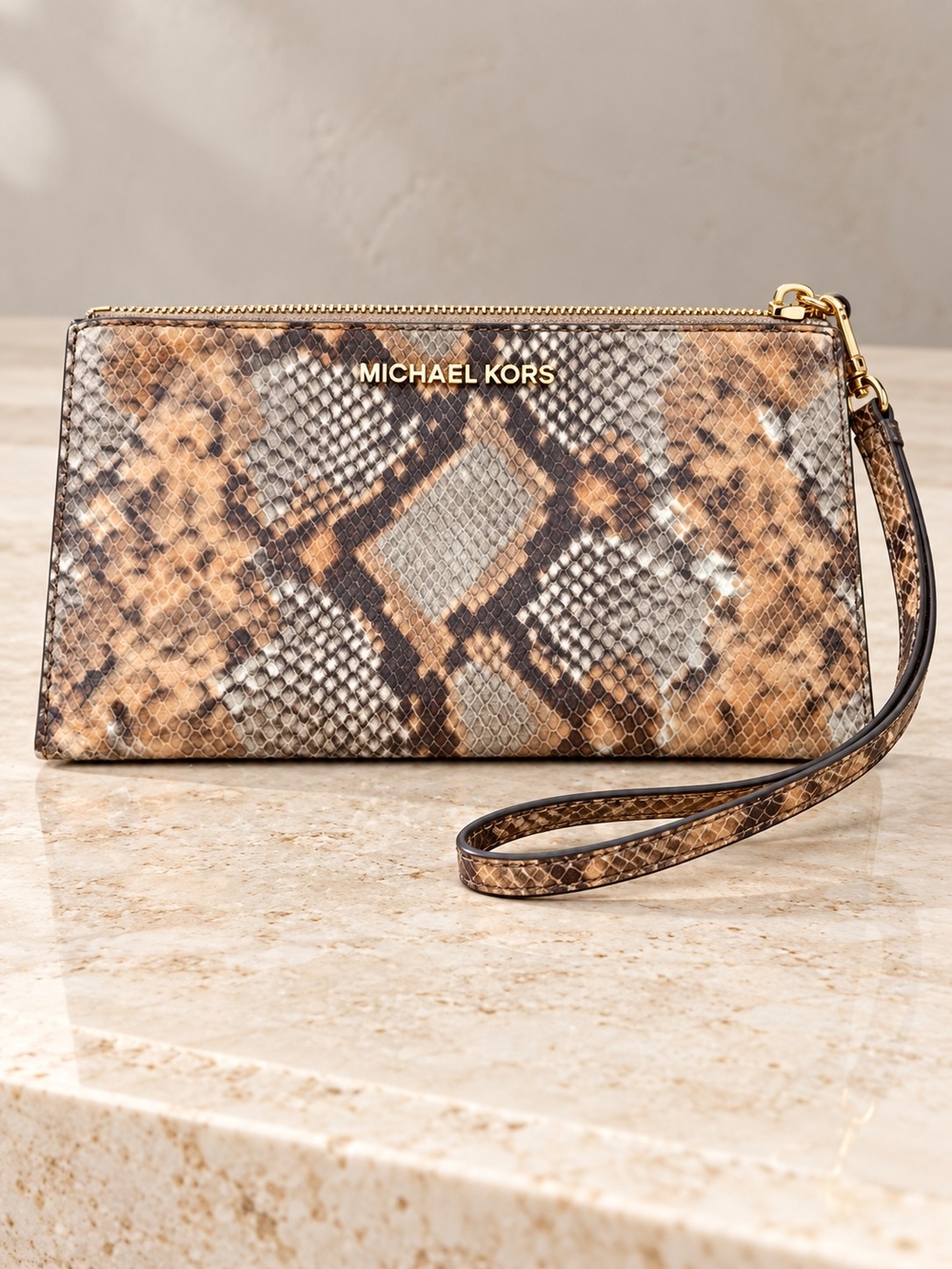 Michael Kors Peanut Brown Snake-Embossed Leather Zip Clutch with Gold Logo